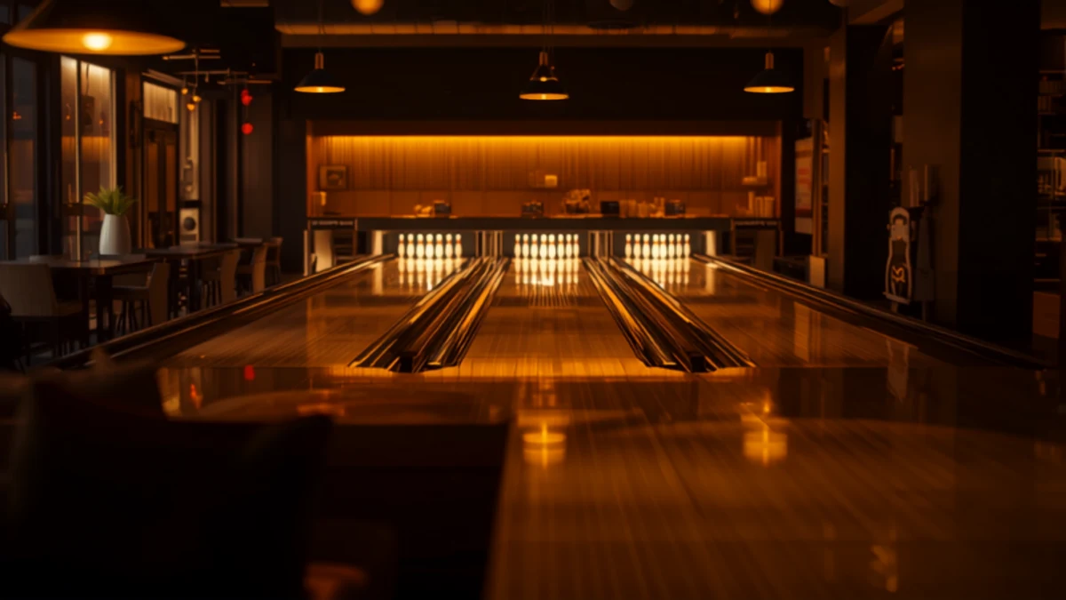 A modern bowling centre with lit lanes receding towards the pins and a warm lounge bar in the foreground.