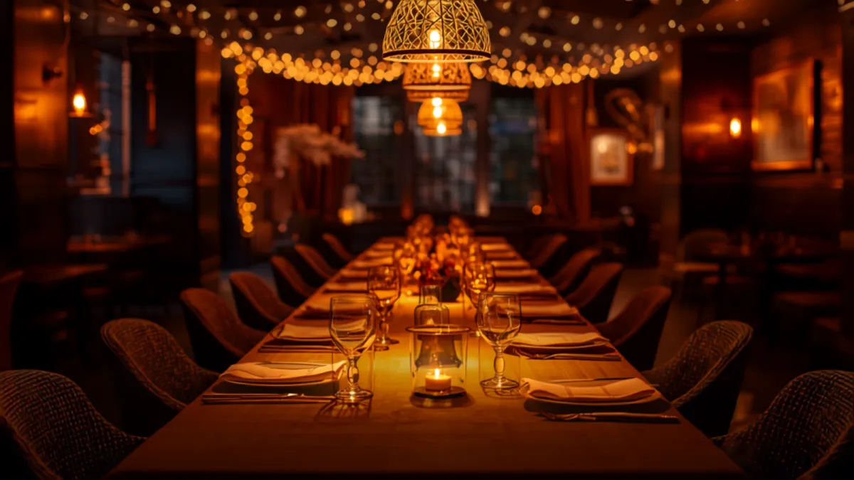 A private event space with a long banquet table set under warm string lights.