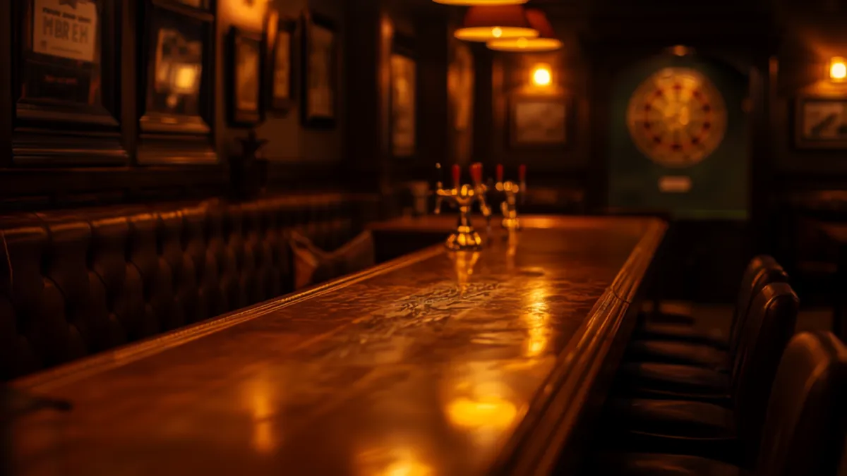 A traditional pub interior with a long polished bar and a dartboard glowing in the background.